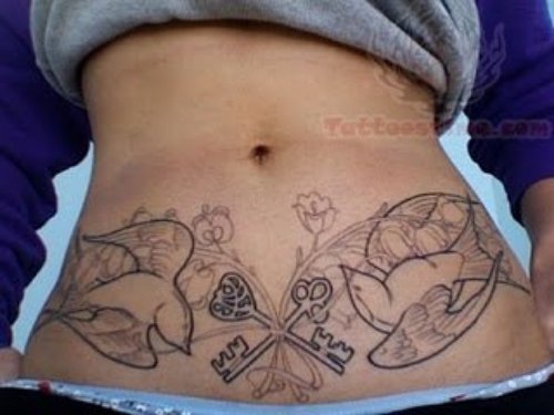 Flying Birds And Key Tattoo On Belly
